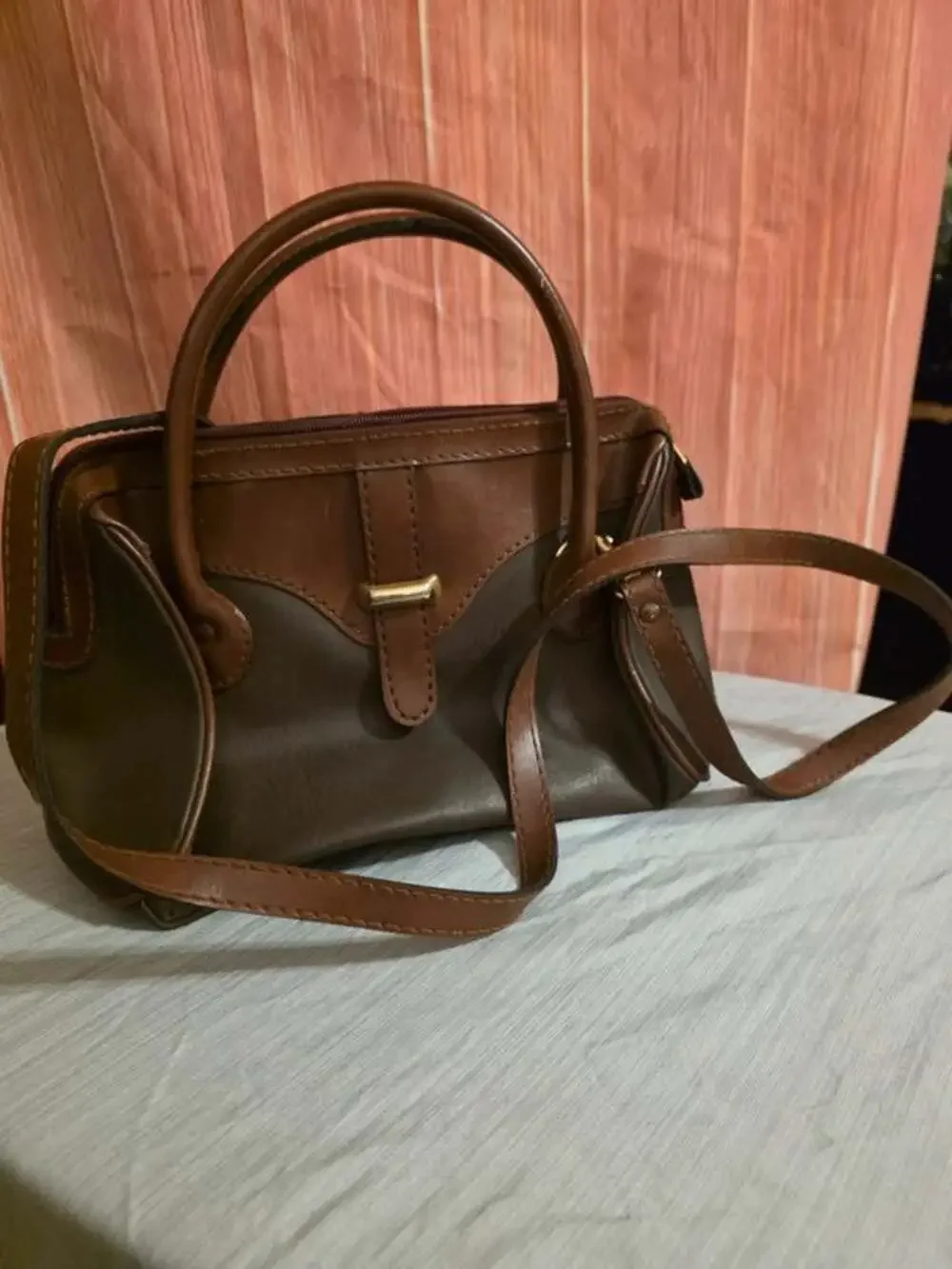 Vintage Two-Tone Brown & Olive Satchel Bag - Double Handles & Crossbody Strap
